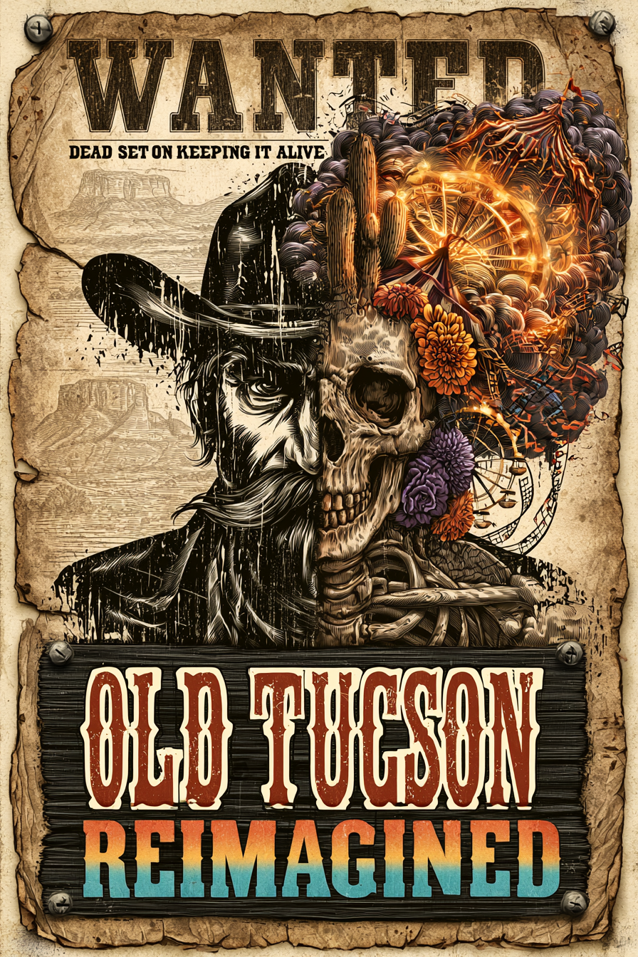 WANTED — Old Tucson Reimagined poster: a painted sign cowboy, half skull, blooming into a colorful dream of cactus, carnival lights and flowers.